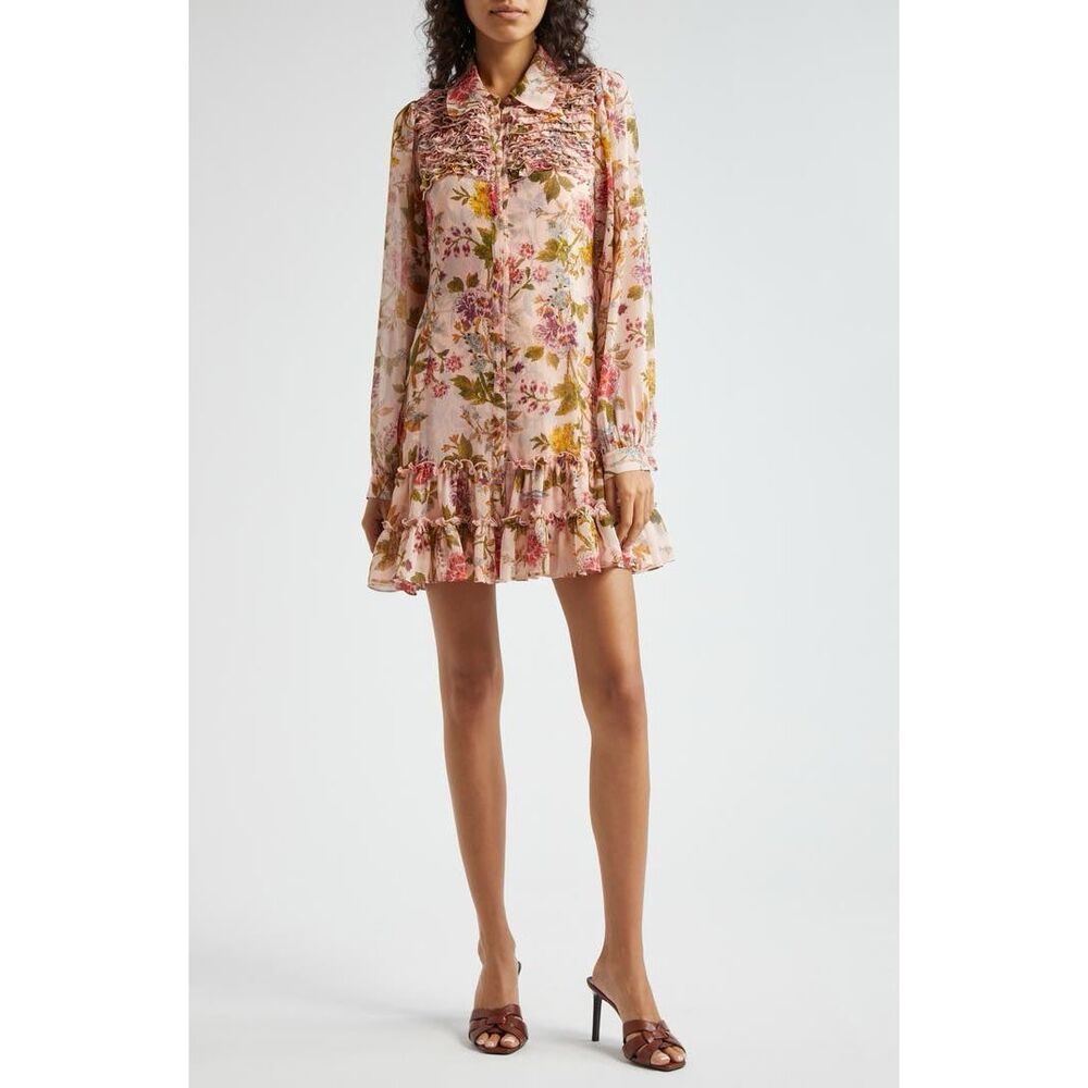 NWT Cinq à Sept Barnes Floral Long Sleeve Mini Shirt Dress Multicolor Size 4